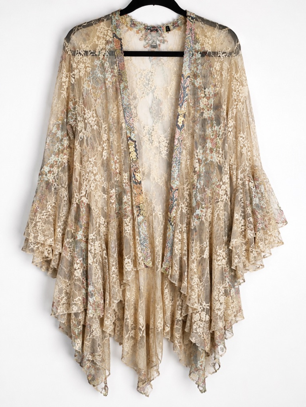 Origami Kimono Cardigan L Beige Lace Hi Low Boho Open Front Ruffle Sheer - Picture 3 of 16